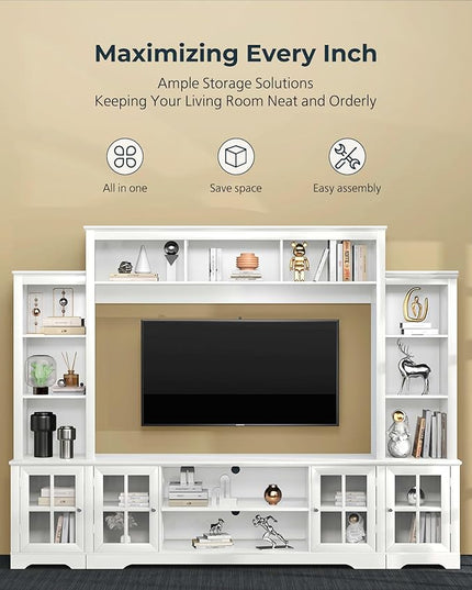 Large Wall Unit Entertainment Center with Storage, Modern TV Entertainment Center with Bookshelves and Bridge Cabinet, Living Room Tall Bookshelf with Storage, 65.7" Wide for TV Placement, White - LeafyLoom