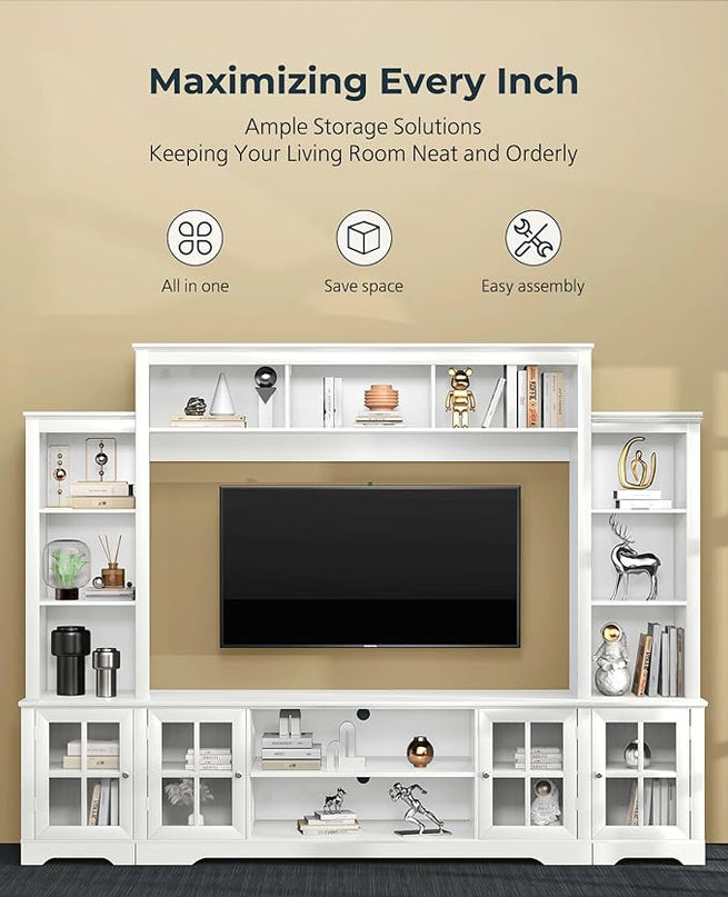Large Wall Unit Entertainment Center with Storage, Modern TV Entertainment Center with Bookshelves and Bridge Cabinet, Living Room Tall Bookshelf with Storage, 65.7" Wide for TV Placement, White - LeafyLoom