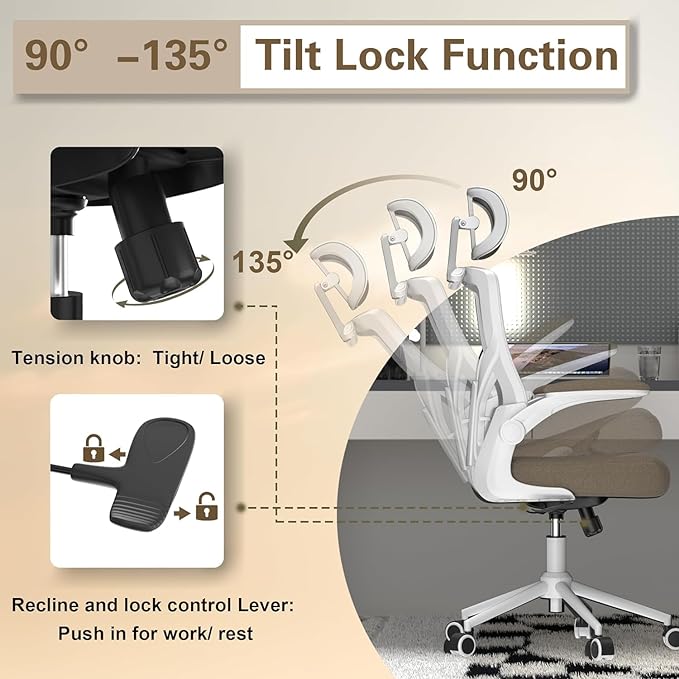 Ergonomic Office Chair, High Back Mesh Desk Chair with Thick Molded Foam Cushion, Coat Hanger, Adjustable Headrest, Lumbar Support, Tilt & Lock Function - Task Computer Chair (Brown) - LeafyLoom