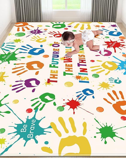 Colorful Kids Rug, Washable Rug for Kids, Handprints Area Rugs for Kids Bedroom, Non-Slip Play Mat Ultra Soft Thick Indoor Plush Rugs for Playroom Classroom Nursery Decor (9'2" X 6'7") - LeafyLoom