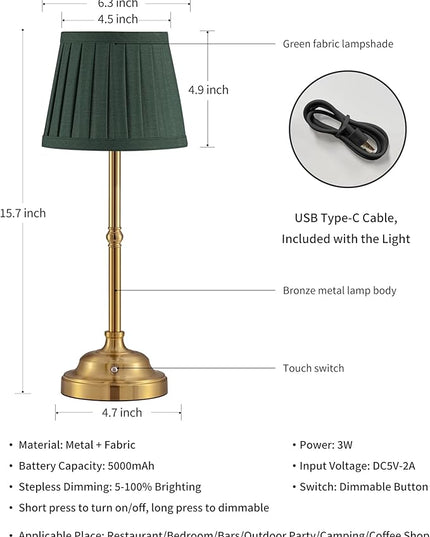 KDG Cordless LED Table Lamp Set of 2, Portables Fabric Shade Desk Lamps, 5000mAh Rechargeable Battery Powered Lighting, Dimmable Light for Dining Room, Bedroom, Bedside, Night Light, Balcony (Green) - LeafyLoom