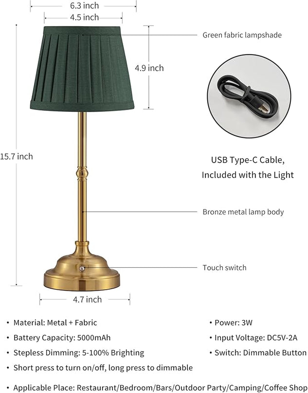 KDG Cordless LED Table Lamp Set of 2, Portables Fabric Shade Desk Lamps, 5000mAh Rechargeable Battery Powered Lighting, Dimmable Light for Dining Room, Bedroom, Bedside, Night Light, Balcony (Green) - LeafyLoom