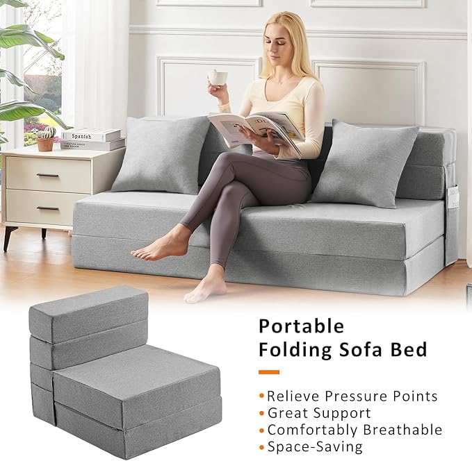 Single Size Folding Sofa Bed - Convertible Floor Sofa with Two Large Pockets - Foldable Memory Foam Sleeper for Guest Sleepovers/Game Rooms/Family Gatherings/Lofts(Light Grey) - LeafyLoom