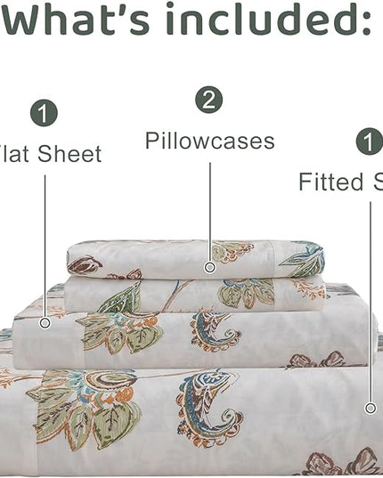 QSH Floral Bed Sheets King Size - 100% Egyptian Cotton Floral Bedding Sheets Botanical Leaves Flower Pattern Printed Bedding King Size Bed Sheets 17.5" Extra Deep Pocket 4pcs - LeafyLoom