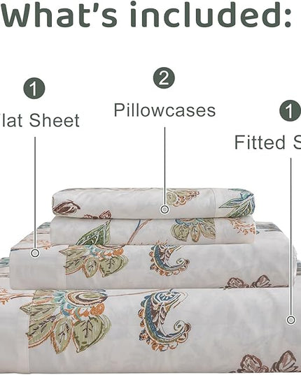 QSH Floral Bed Sheets Queen Size - 100% Egyptian Cotton Sheets Elegant Botanical Leaves Flower Pattern Printed Bedding Sheets Queen Size Bed Extra Soft and Breathable 4pcs Deep Pockets Bed Sheets - LeafyLoom