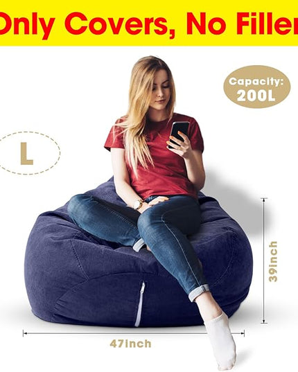2 Pcs Bean Bag Cover Stuffed Animal Storage Bean Bag Chair Cover Soft Corduroy Stuffed Animal Bean Bag Storage for Kids Adults Indoor Bedroom Organizing Plush Toys (Blue,200l) - LeafyLoom