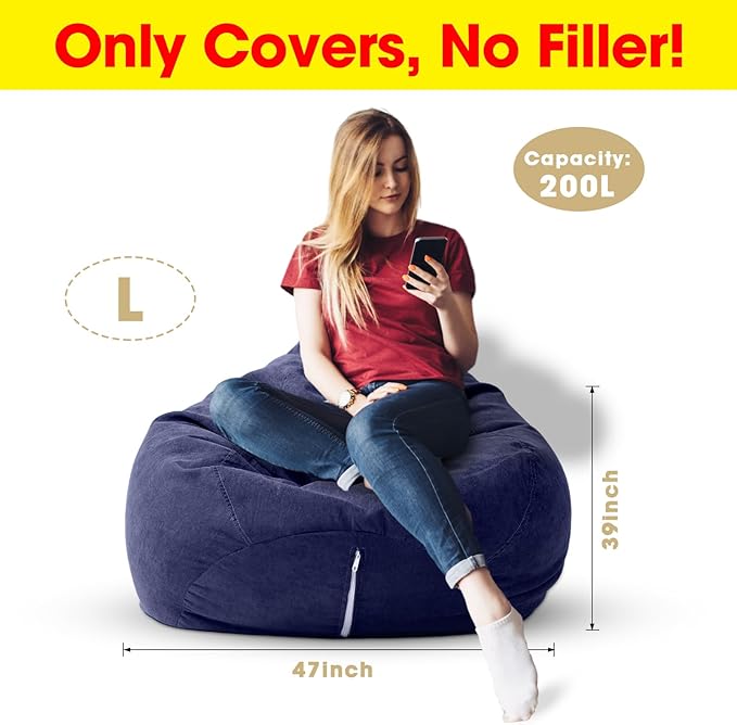 2 Pcs Bean Bag Cover Stuffed Animal Storage Bean Bag Chair Cover Soft Corduroy Stuffed Animal Bean Bag Storage for Kids Adults Indoor Bedroom Organizing Plush Toys (Blue,200l) - LeafyLoom