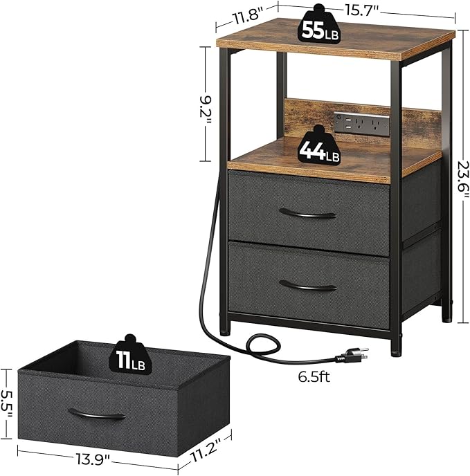 Seventable Nightstand set of 2 with Charging Station, Bedside table with LED Lights, Night stand with 2 Fabric Drawers, 3-Tier Storage End Table for Bedroom, Rustic Brown - LeafyLoom