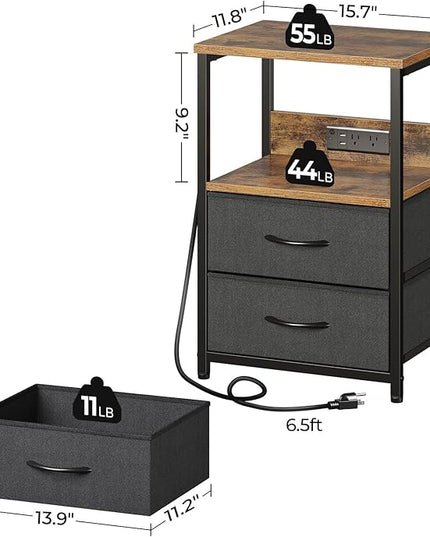 Seventable Nightstand with Charging Station, Bedside table with LED Lights, Night stand with 2 Fabric Drawers, 3-Tier Storage End Table for Bedroom, Rustic Brown - LeafyLoom