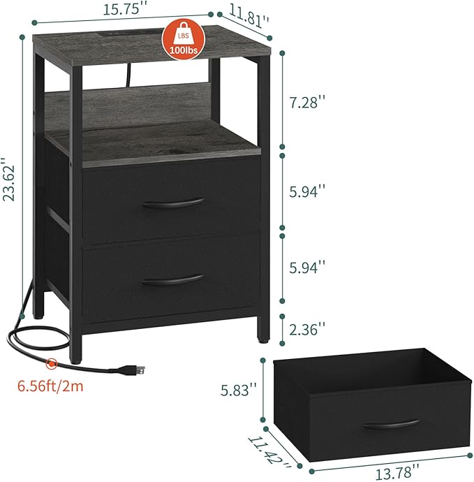 Yoobure Nightstand with Charging Station, LED Night Stand with Fabric Drawers and Storage Shelf for Bedroom, Nightstands Bedside Tables with USB Ports & Outlets, Small Night Stands, Bed Side Table - LeafyLoom