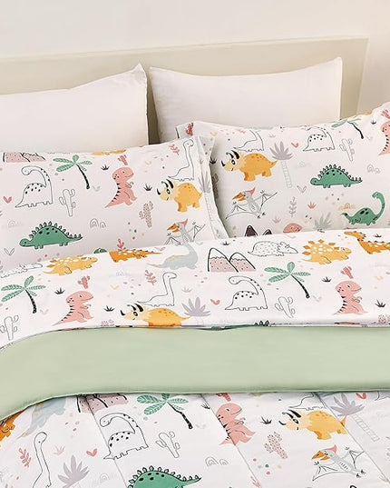 Dinosaur Kids Comforter Set for Boys Twin, Cute Reversible Quilted Dino Printed Bedding Set with Pillow Sham, Lightweight Soft Breathable Machine Washable Bed Set 2 Piece - LeafyLoom