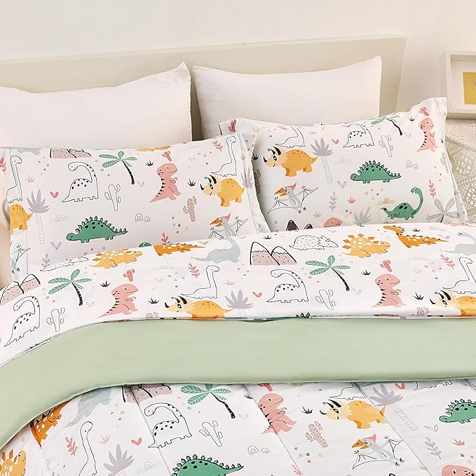 Dinosaur Kids Comforter Set for Boys Twin, Cute Reversible Quilted Dino Printed Bedding Set with Pillow Sham, Lightweight Soft Breathable Machine Washable Bed Set 2 Piece - LeafyLoom