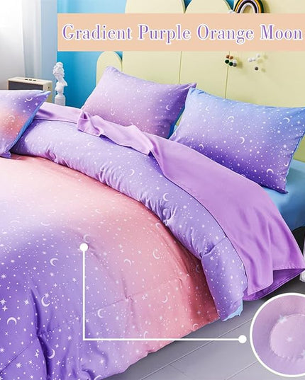 URBONUR Girls Comforter Set Full Size Gradient Purple Orange Moon Star Print Bedding Comforter with Sheets Set 6 Pcs Bed in A Bag (Comforter, Flat Sheet, Fitted Sheet, Pillowcases and Cushion Cover) - LeafyLoom