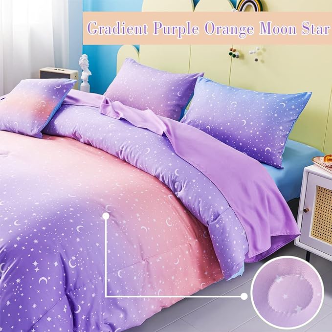 URBONUR Girls Comforter Set Full Size Gradient Purple Orange Moon Star Print Bedding Comforter with Sheets Set 6 Pcs Bed in A Bag (Comforter, Flat Sheet, Fitted Sheet, Pillowcases and Cushion Cover) - LeafyLoom
