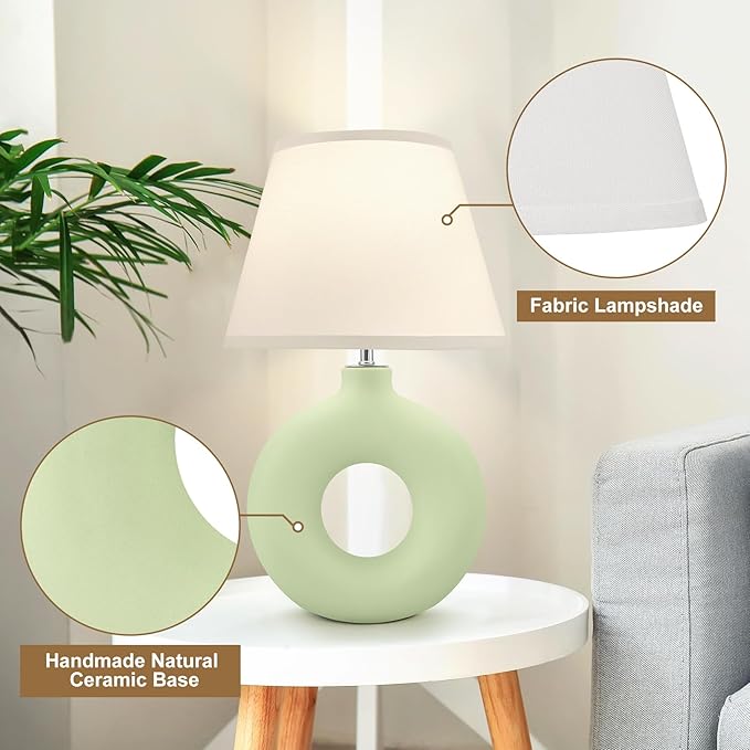 Green Ceramic Table Lamp for Living Room Bedroom, 21" Modern Bedside Lamps for Kids Room 3 Color Temperature Small Table Lamps for Night Stands, Dorm, Dining Room, Home Décor (Bulb Included) - LeafyLoom