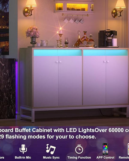 Aheaplus Sideboard Buffet Cabinet with Power Outlet, Kitchen Storage Cabinet with LED Light & Acrylic Doors, Accent Cabinet Cupboard Console Table for Dining Room, Kitchen, Hallway, Natural - LeafyLoom