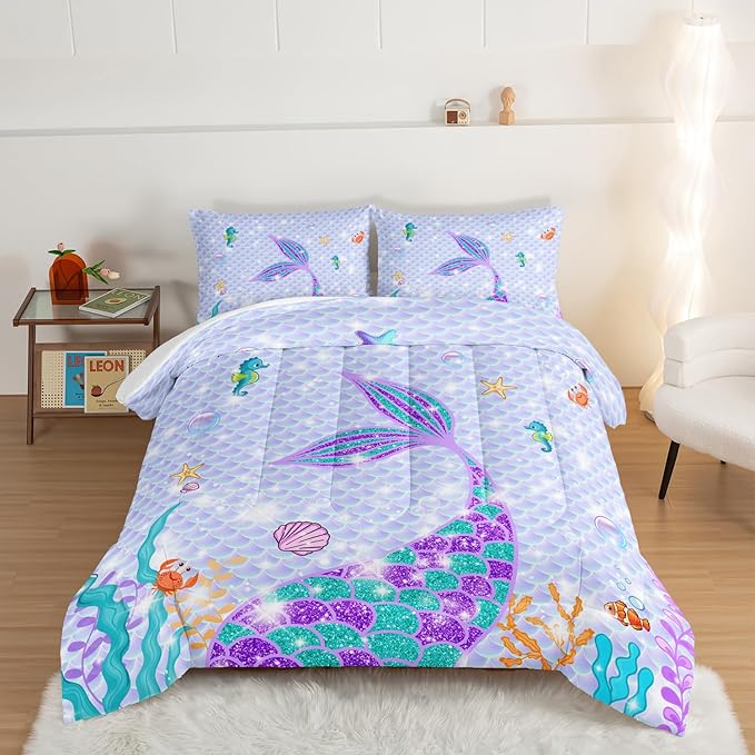 HOSIMA Mermaid Tail Comforter Set 3Pcs with 2 Pillowcases,Purple Fish Scales Bedding Set for Girls Kids Women,Cartoon Ocean Life Sea Animal Full Size Bed in a Bag Set Mermaid Room Decor - LeafyLoom