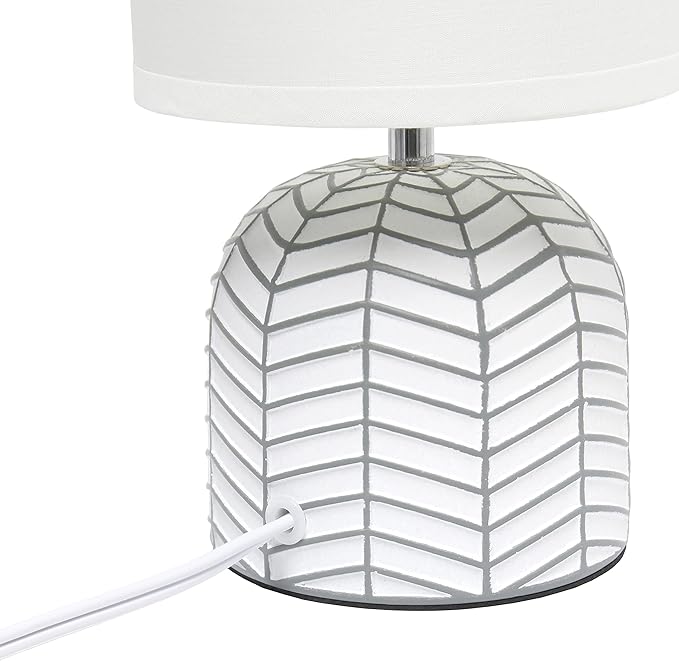 Simple Designs LT1137-WHT 10.43" Petite Contemporary Webbed Waves Base Bedside Table Desk Lamp w White Fabric Drum Shade for Home Decor, Bedroom, Living Room, Entryway, Office, White - LeafyLoom