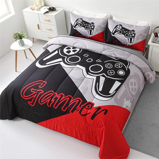KAKKI 4 Piece Boys Twin Gamer Comforter Set with Sheets, 3D Colorful Video Game Controller Comforter for Kids Teen, All Season Soft Microfiber Gaming Bedding Set(Red,Twin) - LeafyLoom