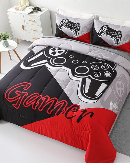 KAKKI 5 Piece Boys Full Gamer Comforter Set with Sheets, 3D Colorful Video Game Controller Comforter for Kids Teen, All Season Soft Microfiber Gaming Bedding Set(Red,Full) - LeafyLoom