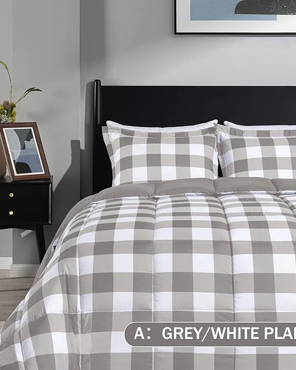 downluxe Lightweight Plaid Comforter Set (Twin) with 1 Pillow Sham - 2-Piece Set - Grey/White Plaid - Down Alternative Reversible Comforter - LeafyLoom