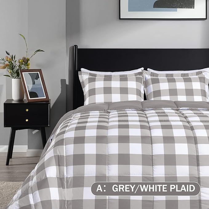 downluxe Lightweight Plaid Comforter Set (Twin) with 1 Pillow Sham - 2-Piece Set - Grey/White Plaid - Down Alternative Reversible Comforter - LeafyLoom