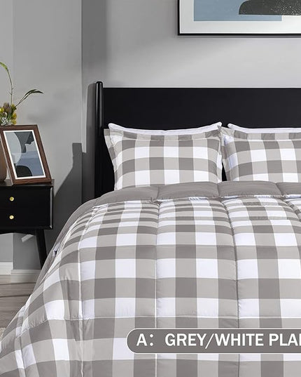downluxe Lightweight Plaid Comforter Set (King) with 2 Pillow Sham - 3-Piece Set - Grey/White Plaid - Down Alternative Reversible Comforter - LeafyLoom