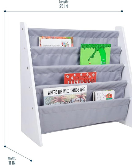 Wildkin Kids Canvas Sling Bookshelf for Boys and Girls, Wooden Design Features Four Fabric Shelves, Keep Bedrooms, Playrooms, and Classrooms Organized, Measures 25 x 24 x 11 Inches (White w/Gray) - LeafyLoom
