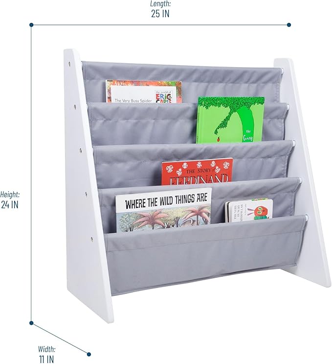Wildkin Kids Canvas Sling Bookshelf for Boys and Girls, Wooden Design Features Four Fabric Shelves, Keep Bedrooms, Playrooms, and Classrooms Organized, Measures 25 x 24 x 11 Inches (White w/Gray) - LeafyLoom