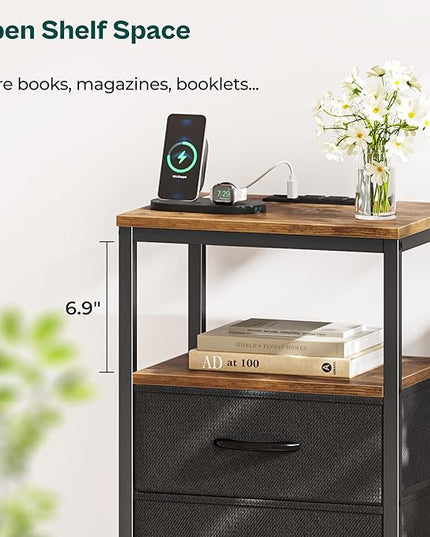 Nightstand with Charging Station, Side Table with Fabric Drawers, End Table with Open Shelf, Bedside Table with USB Ports and Outlets, Night Stand for Bedroom, Rustic Brown and Black - LeafyLoom