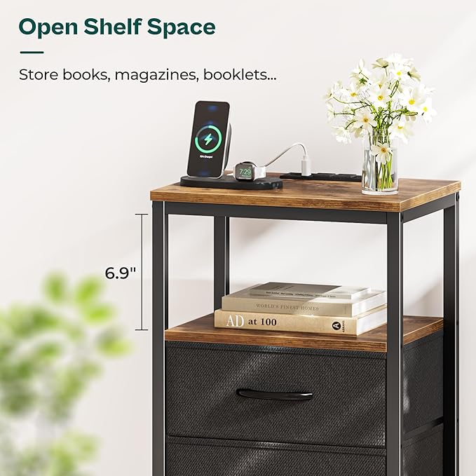 Nightstand with Charging Station, Side Table with Fabric Drawers, End Table with Open Shelf, Bedside Table with USB Ports and Outlets, Night Stand for Bedroom, Rustic Brown and Black - LeafyLoom