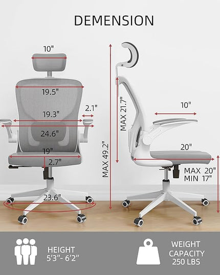Office Chairs, Ergonomic Office Chair, Computer Chair with Adjustable Headrest, Lumbar Support, 2D Armrest, Metal Base and Iron Legs, White Frame Grey Mesh Office Chair - LeafyLoom