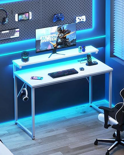 AODK Small Desk, 40 Inch Gaming Desk with LED Lights and Power Outlet, Computer Desk with Adjustable Monitor Shelf (3 Heights), Home Office Table Study Desk Compact Desk for Small Space, White - LeafyLoom
