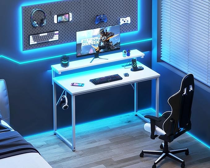 AODK Small Desk, 40 Inch Gaming Desk with LED Lights and Power Outlet, Computer Desk with Adjustable Monitor Shelf (3 Heights), Home Office Table Study Desk Compact Desk for Small Space, White - LeafyLoom