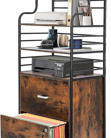 Vertical File Cabinet, 2 Drawer Mobile Filing Cabinet with 3 Bookshelf, Printer Stand with Open Storage Shelves Fits A4/Letter/Legal Size File Cabinets for Home Office Organizer, Brown - LeafyLoom