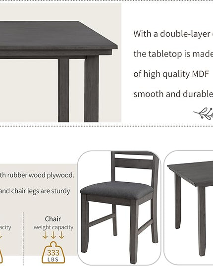 6 Piece Rustic Wood Dining Table Set with 4 Upholstered Chairs and 2-person Bench, A Stable Frame & a Long Lifespan, for Kitchen, Diningroom, Living Room, Dark Grey - LeafyLoom