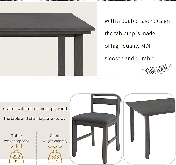 6 Piece Rustic Wood Dining Table Set with 4 Upholstered Chairs and 2-person Bench, A Stable Frame & a Long Lifespan, for Kitchen, Diningroom, Living Room, Dark Grey - LeafyLoom