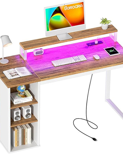 Computer Desk with LED Lights and Power Outlets 47 inch Home Office Desk with Storage Shelves, Small Writing Desk with Monitor Stand for Bedroom,Workstation, Walnut - LeafyLoom