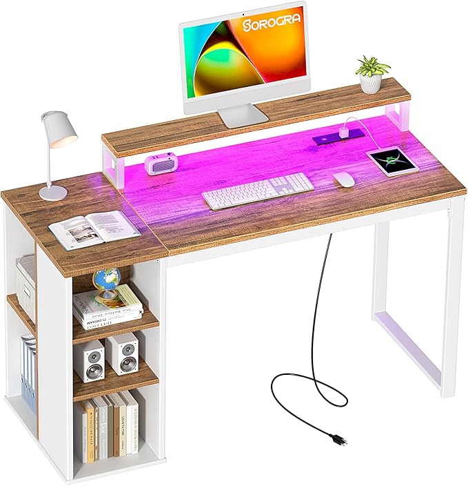 Computer Desk with LED Lights and Power Outlets 47 inch Home Office Desk with Storage Shelves, Small Writing Desk with Monitor Stand for Bedroom,Workstation, Walnut - LeafyLoom