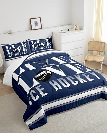 Feelyou Ice Hockey Bedding Set Queen Size Ice Sports Games Comforter Set for Kids Boys Girls Decor Hockey Player Comforter Microfiber Puck Hockey Duvet Set Bedroom Quilt Set - LeafyLoom