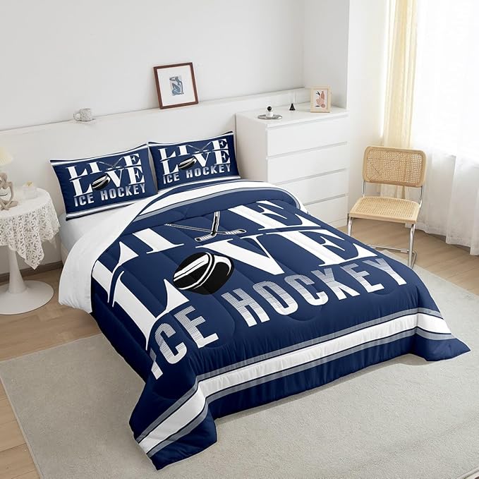 Feelyou Ice Hockey Bedding Set Queen Size Ice Sports Games Comforter Set for Kids Boys Girls Decor Hockey Player Comforter Microfiber Puck Hockey Duvet Set Bedroom Quilt Set - LeafyLoom