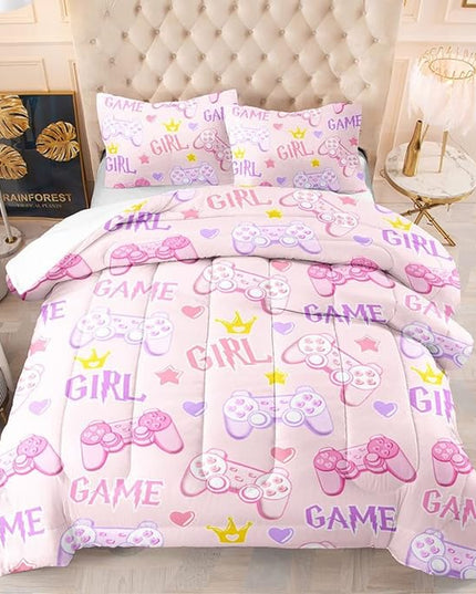Pink Girl Game Bedding Set Gamepad Video Games Comforter Sets for Kids Boys Teen Gaming Controller Bedspreads Room Decor - LeafyLoom