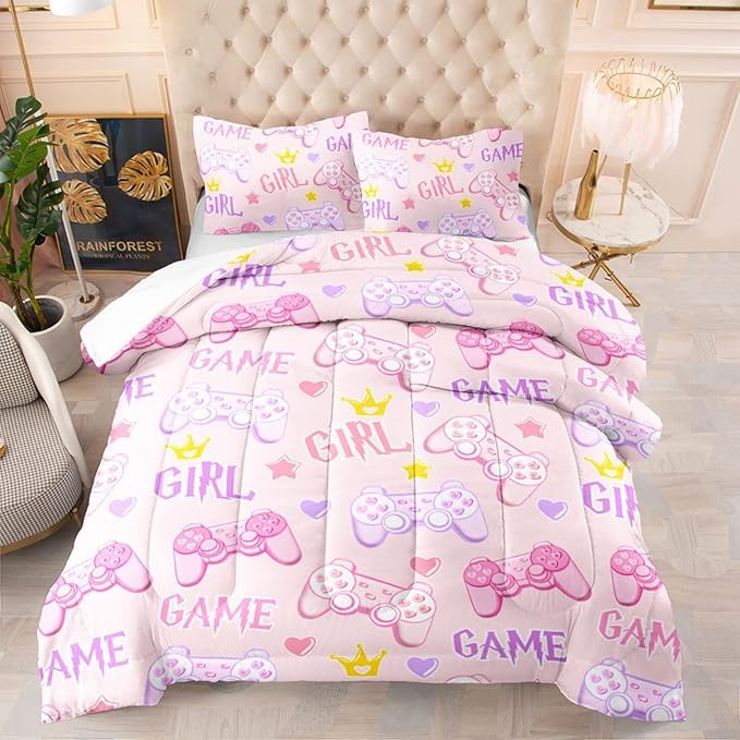 Pink Girl Game Bedding Set Gamepad Video Games Comforter Sets for Kids Boys Teen Gaming Controller Bedspreads Room Decor - LeafyLoom