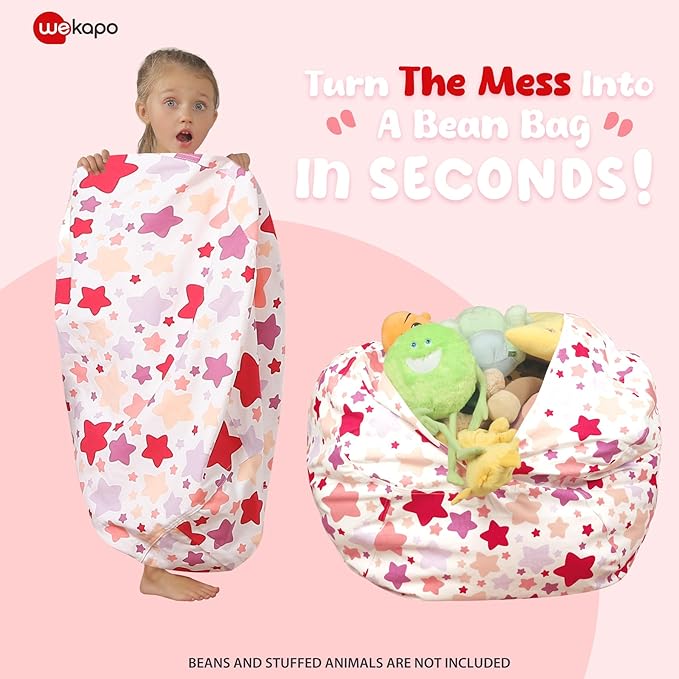 Wekapo Stuffed Animal Storage Bean Bag Chair Cover for Kids | Stuffable Zipper Beanbag for Organizing Children Plush Toys Large Premium Cotton Canvas (Large star, X-Large) - LeafyLoom