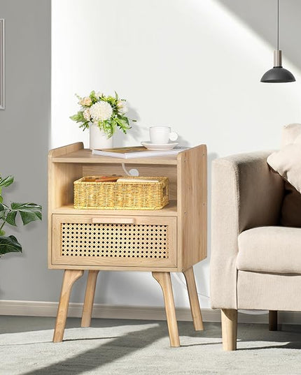 Lerliuo Rattan Nightstands Set of 2 with Charging Station, Boho Side Table with Drawer Open Shelf, Cane Accent Bedside End Table with Solid Wood Legs for Bedroom, Dorm and Small Spaces (Natural) - LeafyLoom