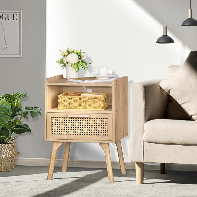 Lerliuo Rattan Nightstands Set of 2 with Charging Station, Boho Side Table with Drawer Open Shelf, Cane Accent Bedside End Table with Solid Wood Legs for Bedroom, Dorm and Small Spaces (Natural) - LeafyLoom