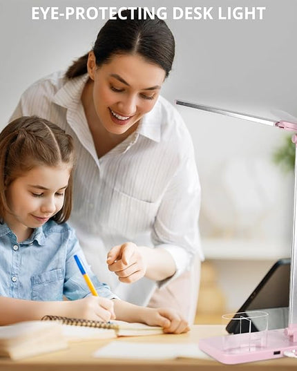 iVict LED Desk Lamp, Adjustable Table Foldable Lamp with USB Charging Port, 25 Lighting Modes, 45-Minute Auto Timer, Dual Swing Arm Desk Light with Pen Holde for Home Office/Study(Pink) - LeafyLoom