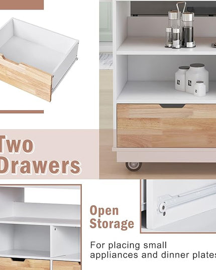 Rolling Storage, Two-sided Kitchen Island Cart on Wheels with Wood Top, Wine and Spice Rack, 2 Drawers, 3 Open Compartments, for Dining Room, Home, White, 46 Inch - LeafyLoom
