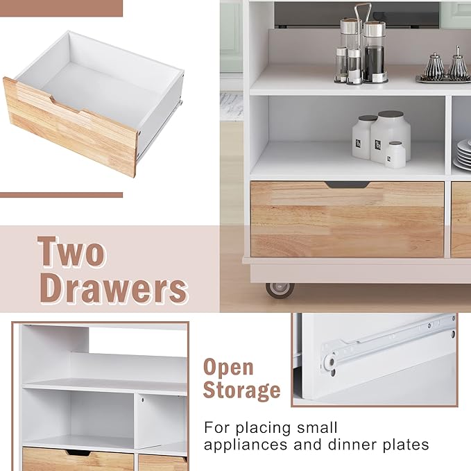 Rolling Storage, Two-sided Kitchen Island Cart on Wheels with Wood Top, Wine and Spice Rack, 2 Drawers, 3 Open Compartments, for Dining Room, Home, White, 46 Inch - LeafyLoom