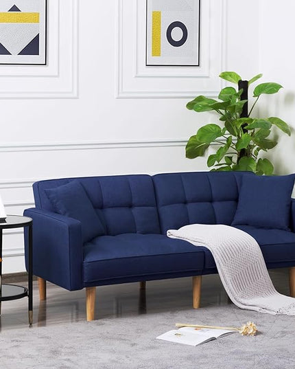 70.9" Modern Folding Sofa Bed Living Room Furniture Sets Futon Couch Convertible Tufted Loveseat with Adjustable Backrest for Lounge Sturdy Wood Legs Fabric Home Recliner Sofá, Blue-4 - LeafyLoom